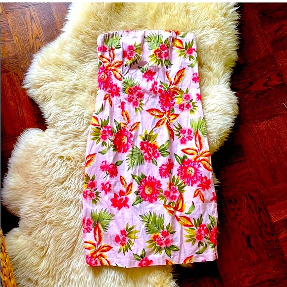 Vintage Dresses & Skirts - Vintage Tropical Malibu Barbie Tiki Floral Retro Pinup Strapless Midi Dress